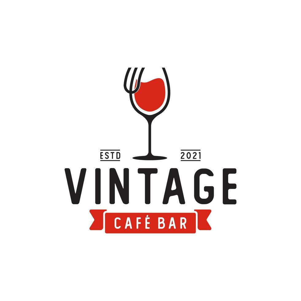 Wine Glass Fork Restaurant Vintage Retro Bar Bistro with Ribbon Logo design vector