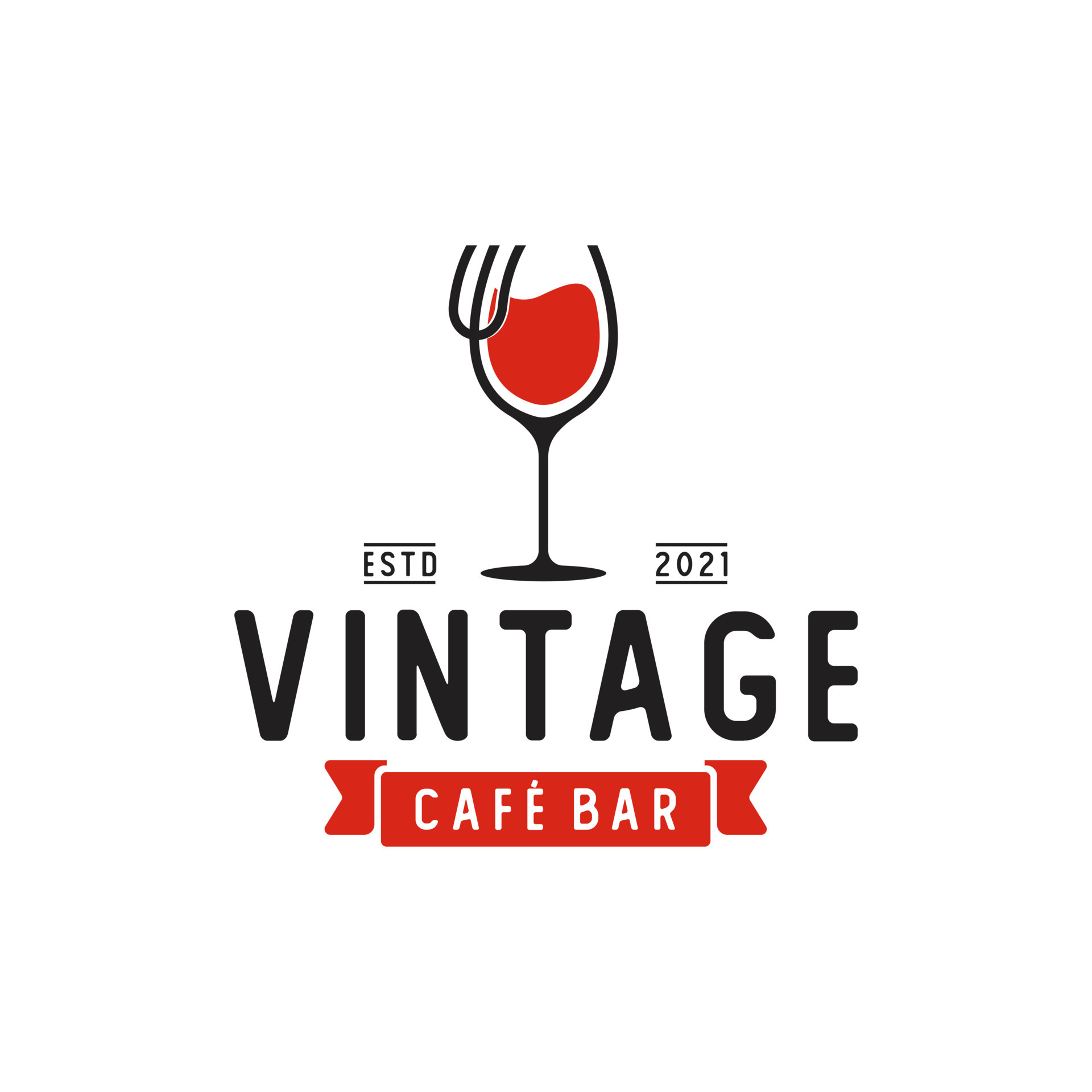 Wine Glass Fork Restaurant Vintage Retro Bar Bistro with Ribbon Logo