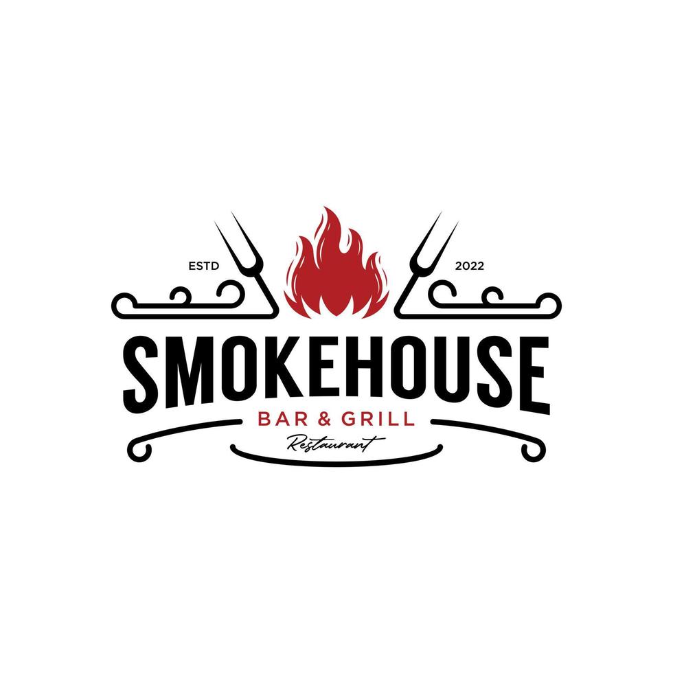 Vintage bbq barbecue barbeque bar and grill logo design with fork and fire design template vector