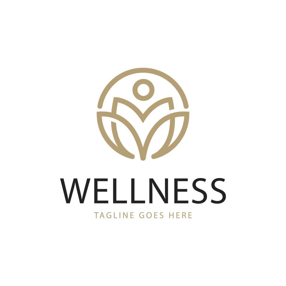 Wellness Logo. Gold Linear Style Leaf and People Combination isolated on White Background. Usable for Nature, Cosmetics, Healthcare and Beauty Logos. Flat Vector Logo Design Template Element