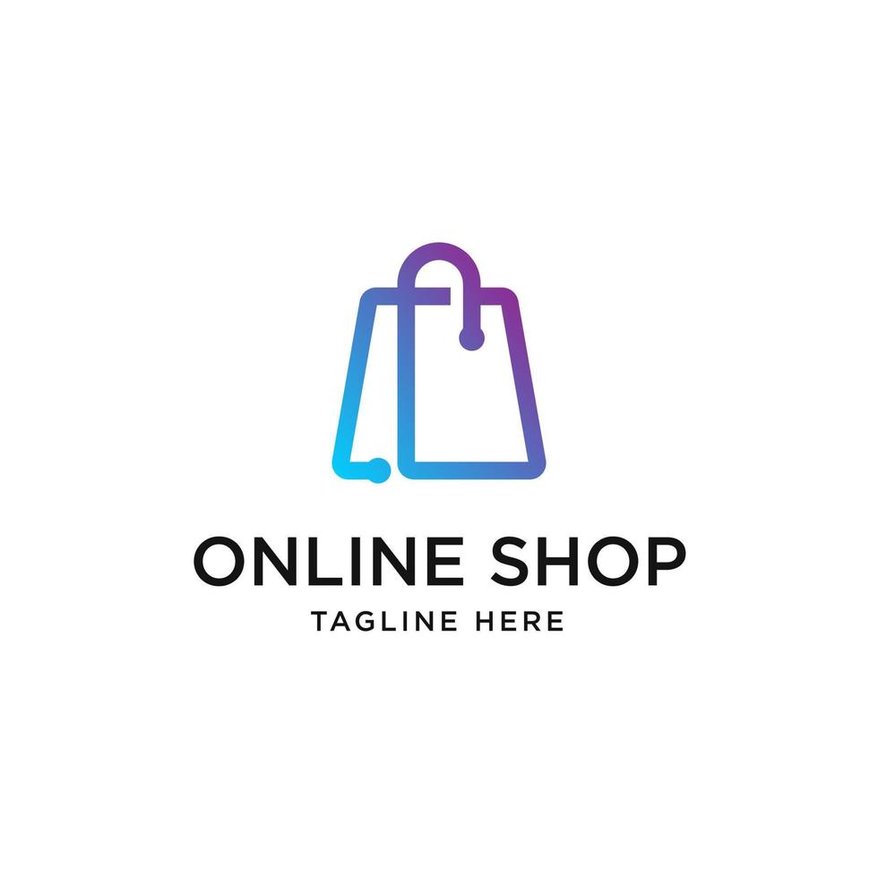 logotipo de tienda en línea con bolsa de compras plantilla de diseño de una línea o línea mono vector