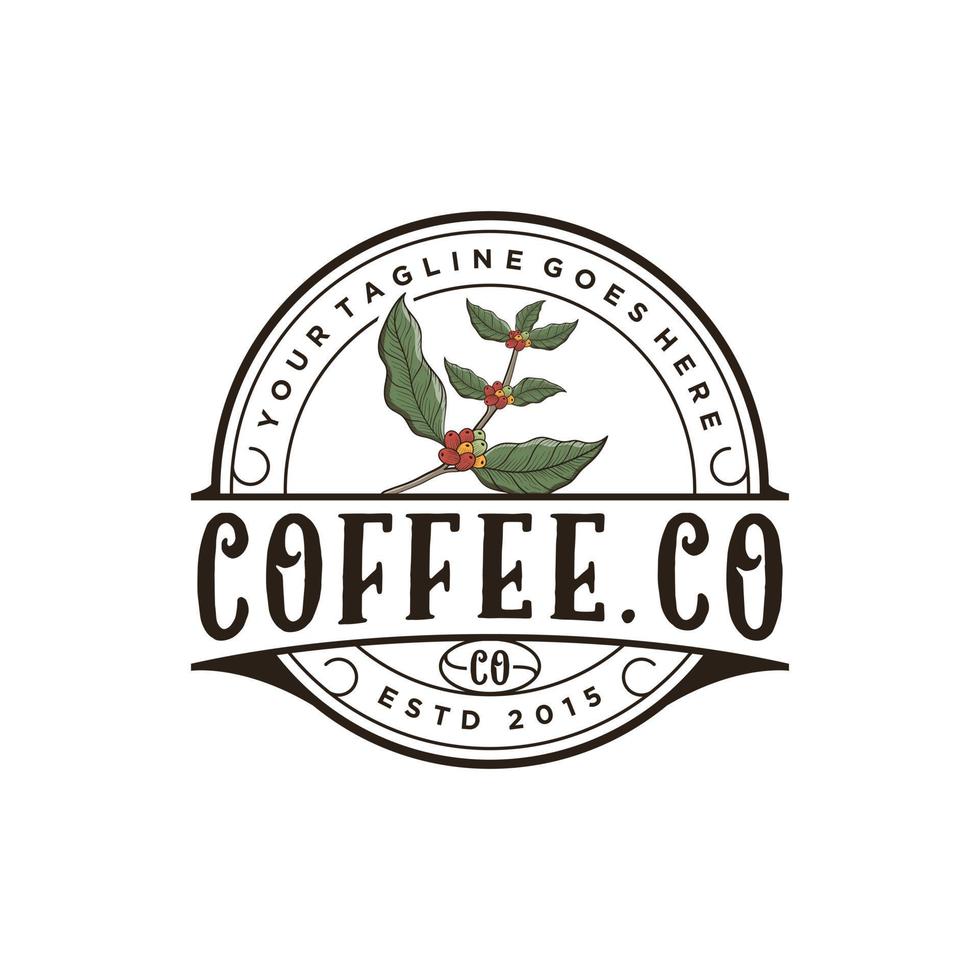 logotipo de grano de café vintage con insignia, plantilla de diseño de vector de hoja de café emblema