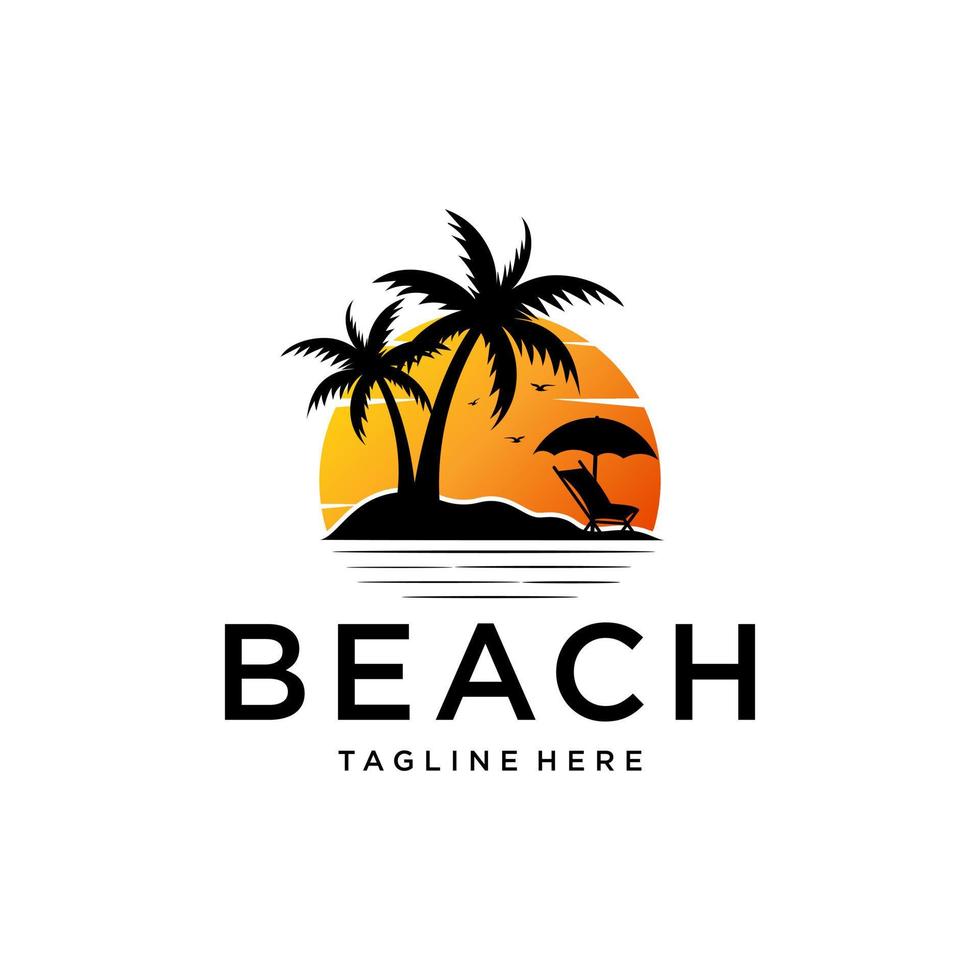 Beach silhouette logo with sun chair umbrella and palm vector design template