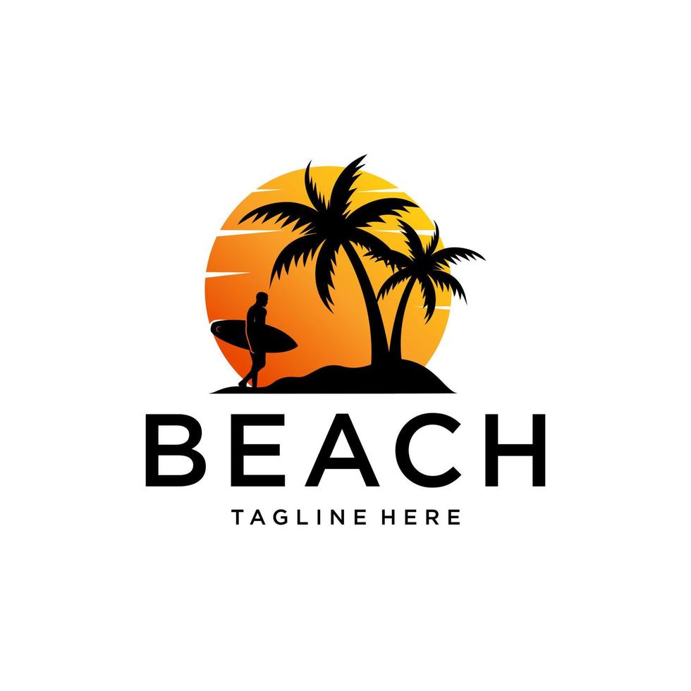 Beach with Surfer silhouette sun and palm logo design template vector