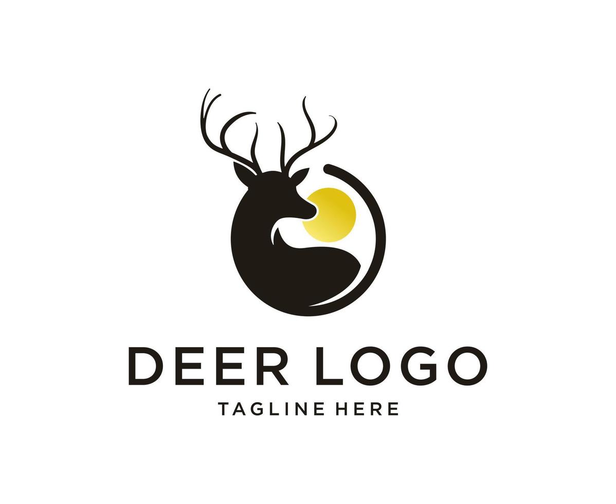 Deer silhouette logo with sun design vector template
