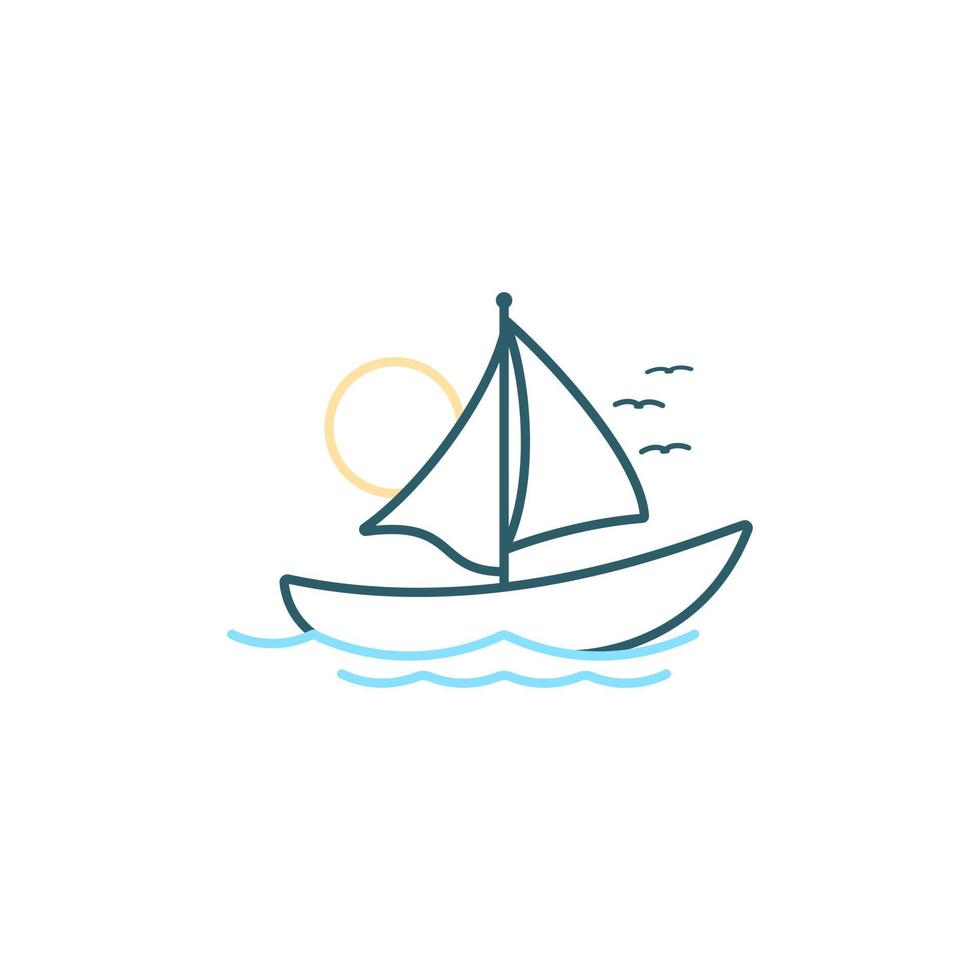 Simple Sailboat dhow ship line art logo design template with sun, wave and bird icon vector