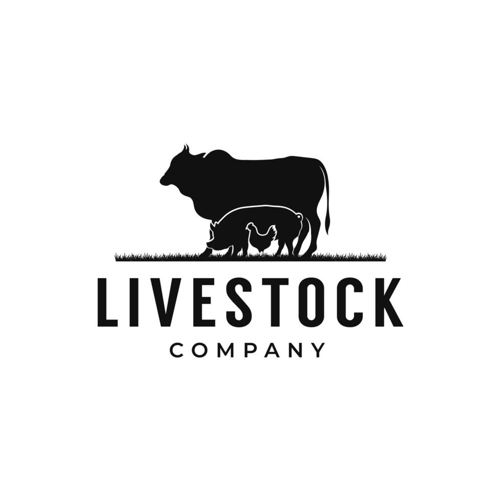 Beef emblem label logo with cow, grass, chicken, pork vector design template