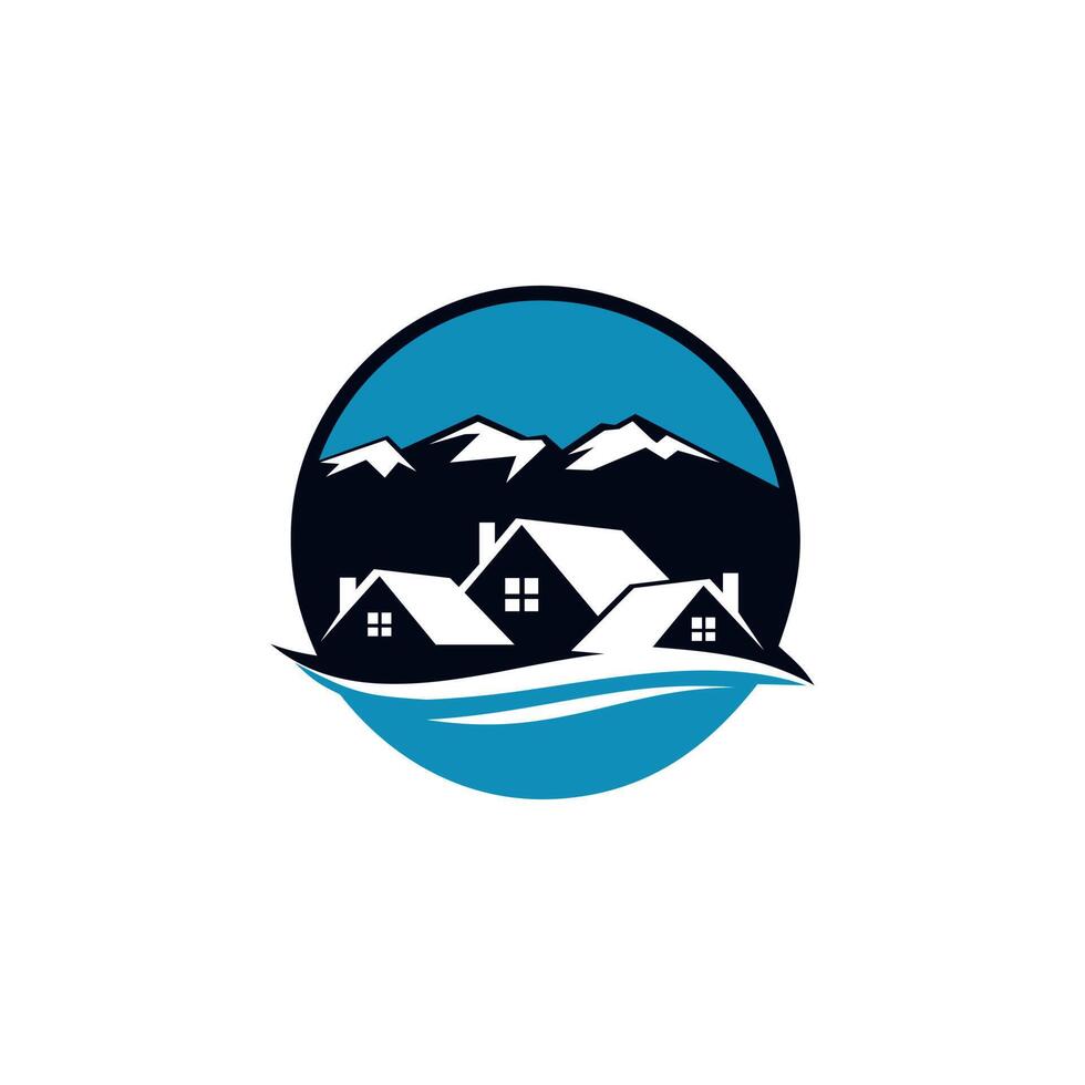 casa del lago Ridge. una ilustración del logotipo de una combinación de montañas, casas y lagos vector