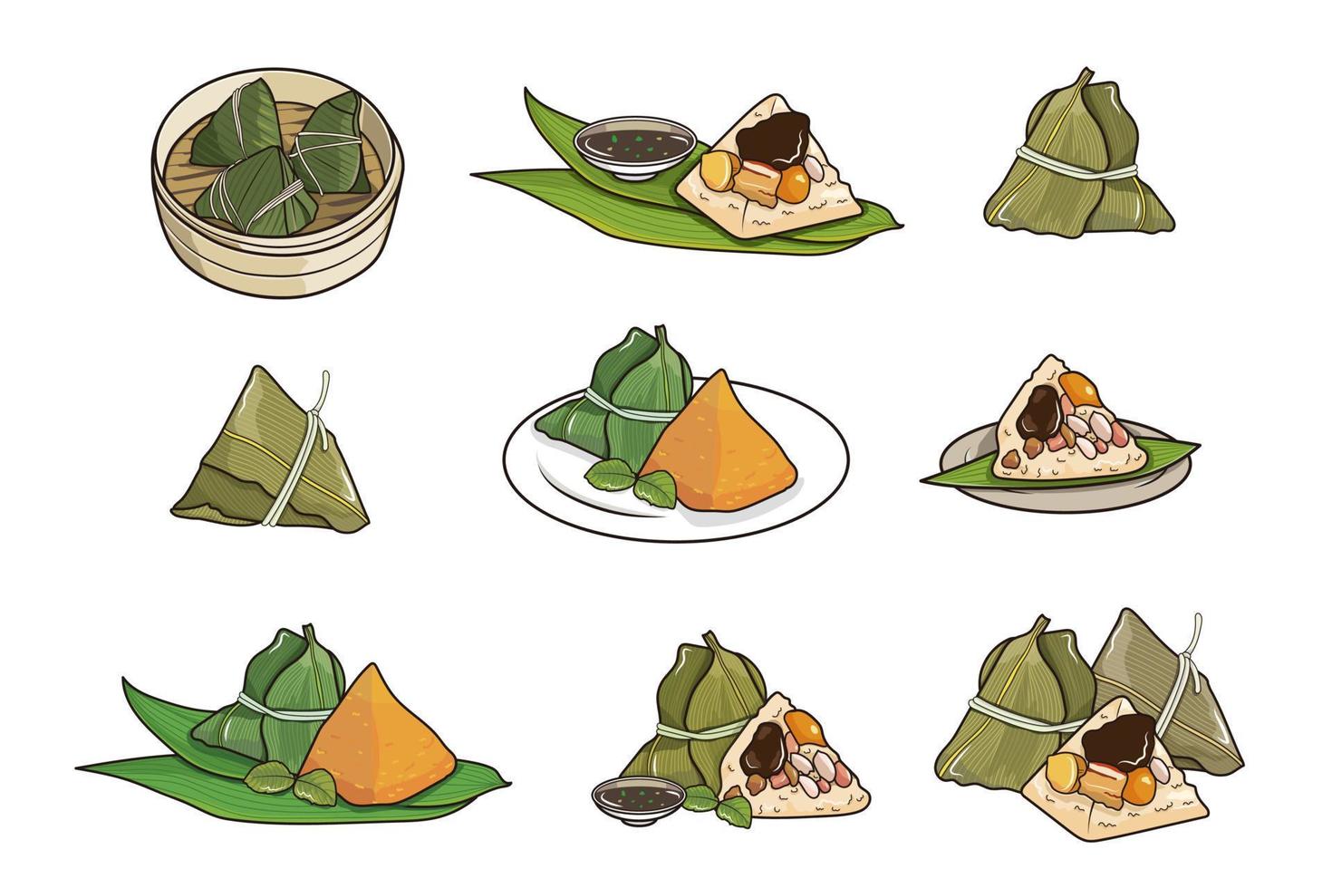 bola de masa de arroz, conjunto aislado de elementos zongzi, festival del bote del dragón vector