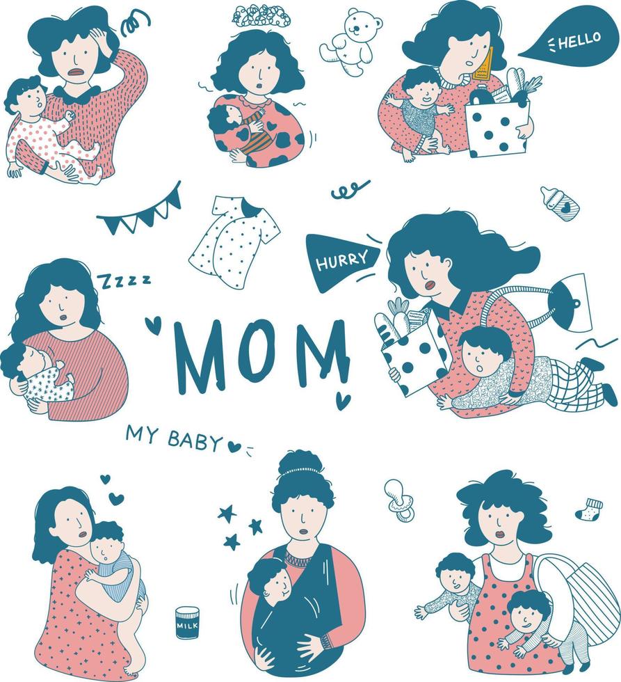 busy mother with kid illustration set vector illustration