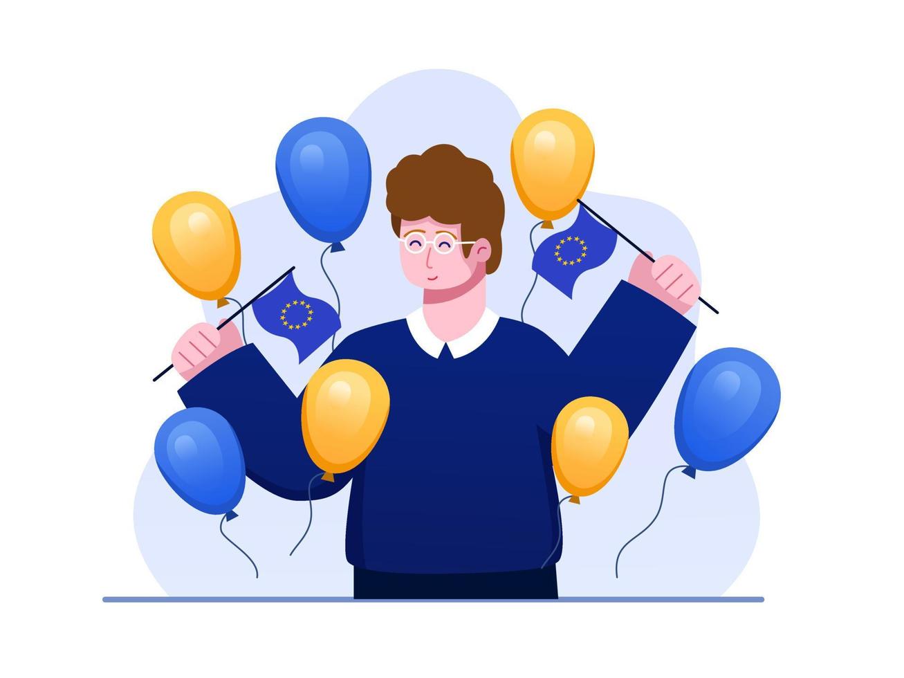 People Celebrate Europe Day with Holding Europe Flag, balloon and confetti with European flag color. Can be used for greeting card, postcard, banner, poster, social media, web, etc. vector