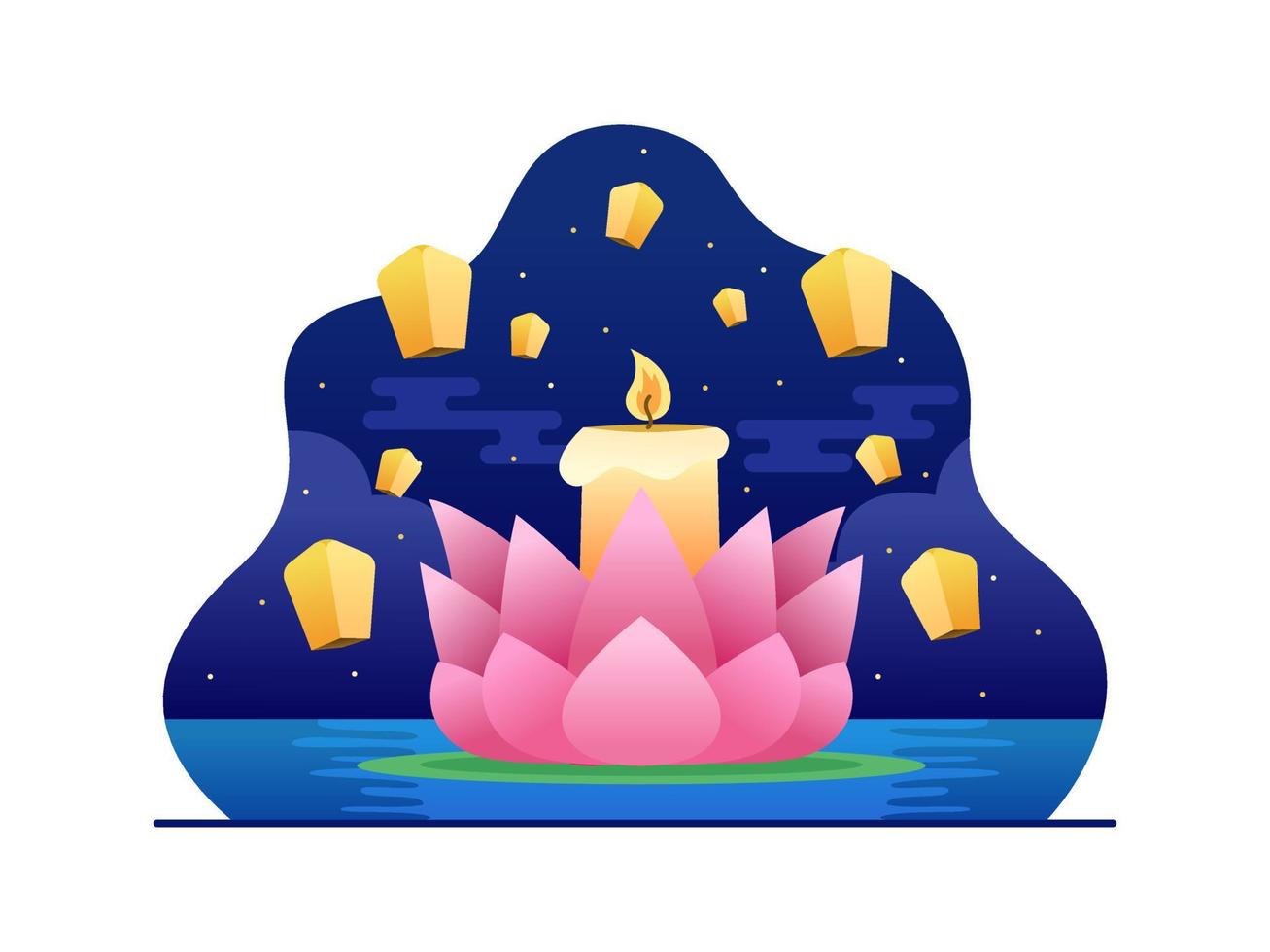 Vesak illustration with lotus flower and candle floating in water. Waisak Illustration with lotus flower, lantern, and light lantern at night. can use for greeting card, post card, web, etc. vector