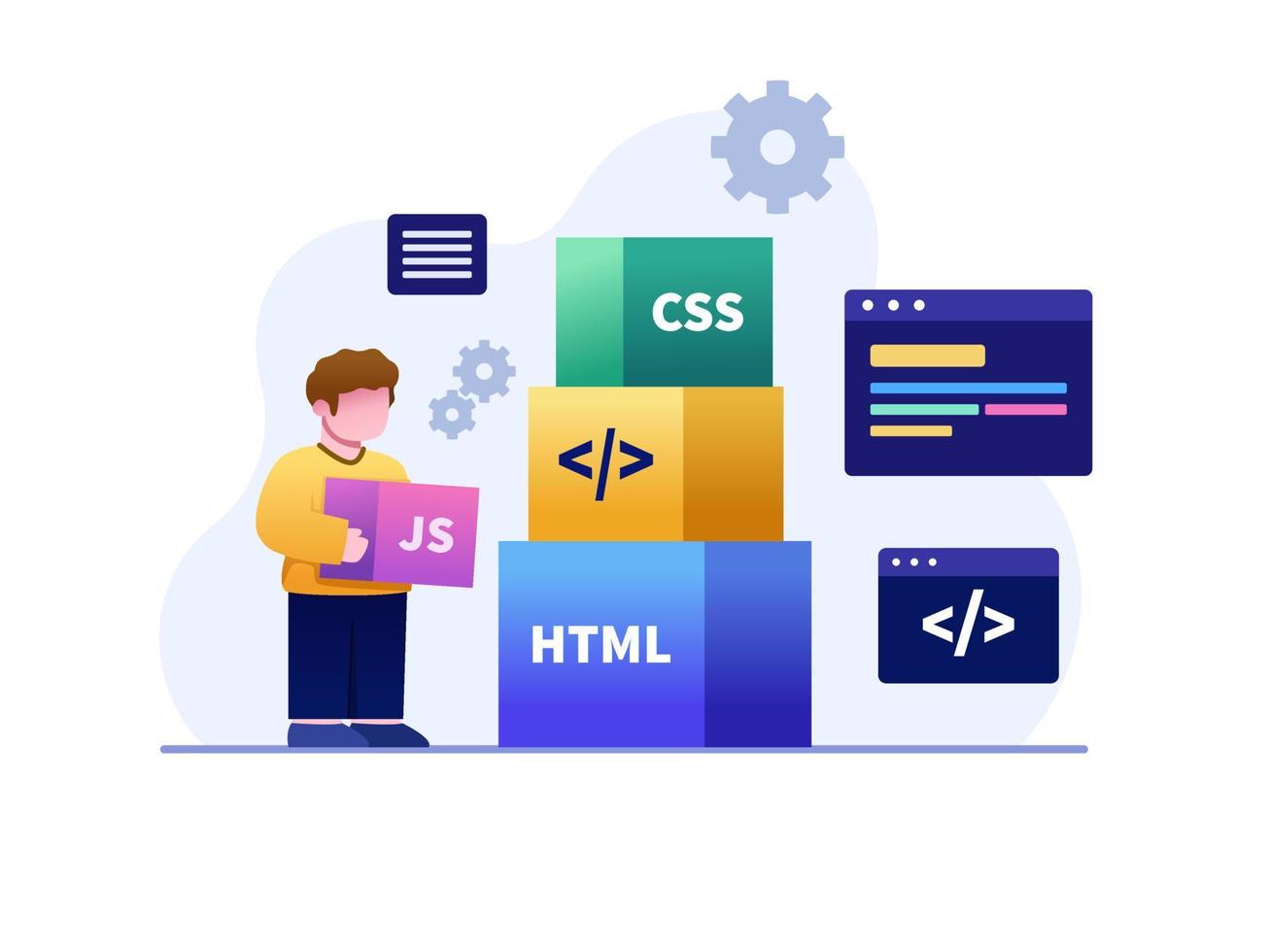 A Children Learning Coding or Computer Programming Flat Illustration. Coding For Kids. Basic Computer Programing. Can be used for web, landing page, social media, promotion, etc. vector