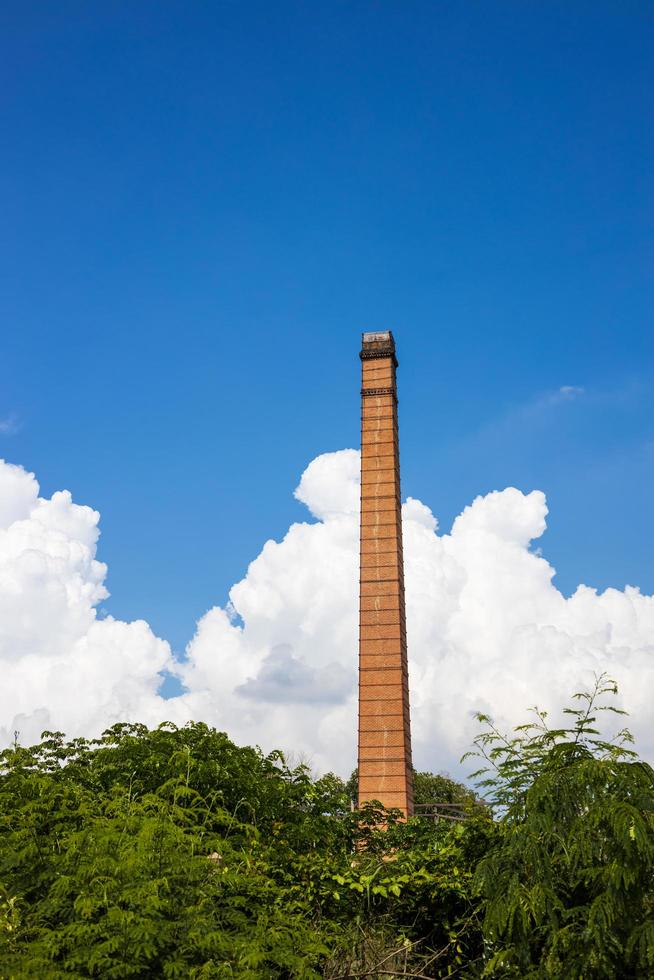 Old brick chimneys in a forest overgrown with sky clouds. photo