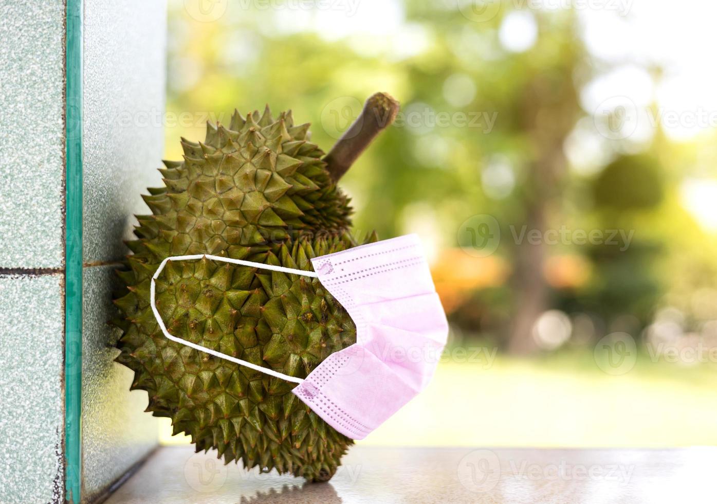 Close up of Durian fruit wearing a pink mask. photo