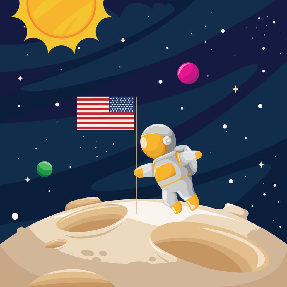 día nacional de la luna con astronauta y bandera americana vector