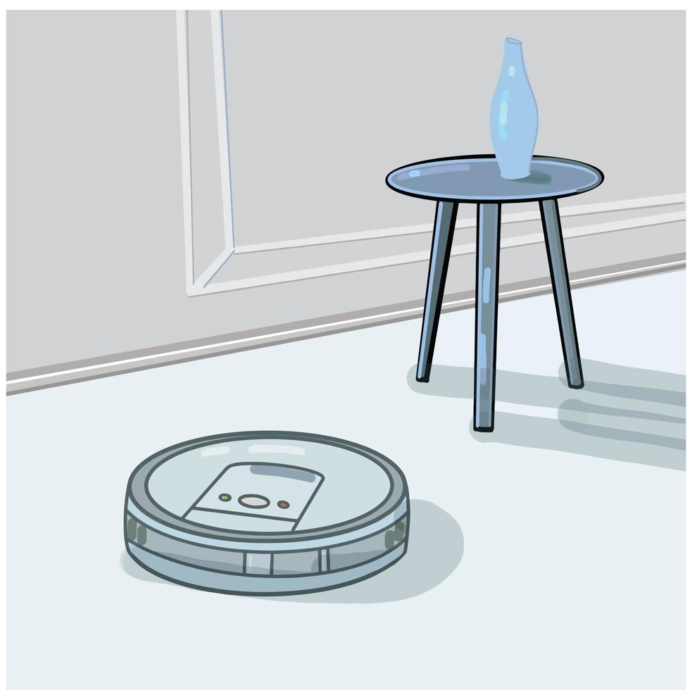 The robot vacuum cleaner cleans the room. Modern wireless equipment for cleaning the apartment. Vector illustration in flat style