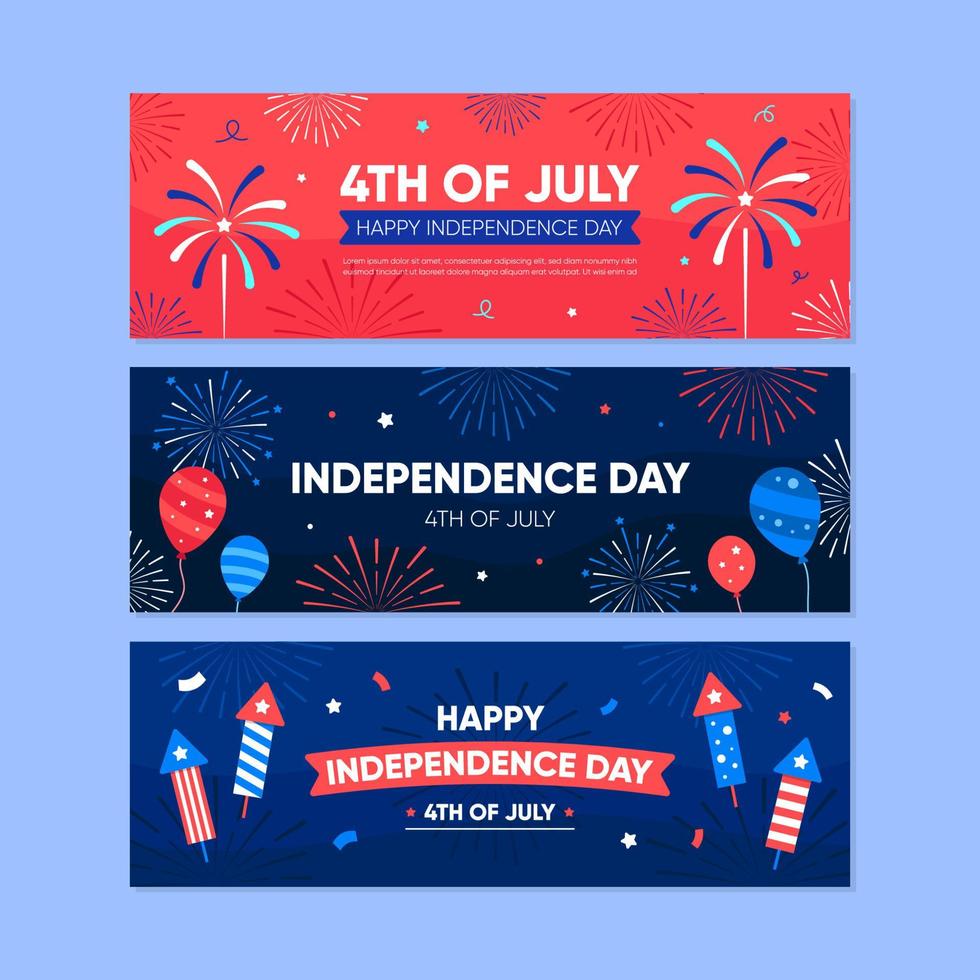 día de la independencia 4 de julio con juego de pancartas de fuegos artificiales vector