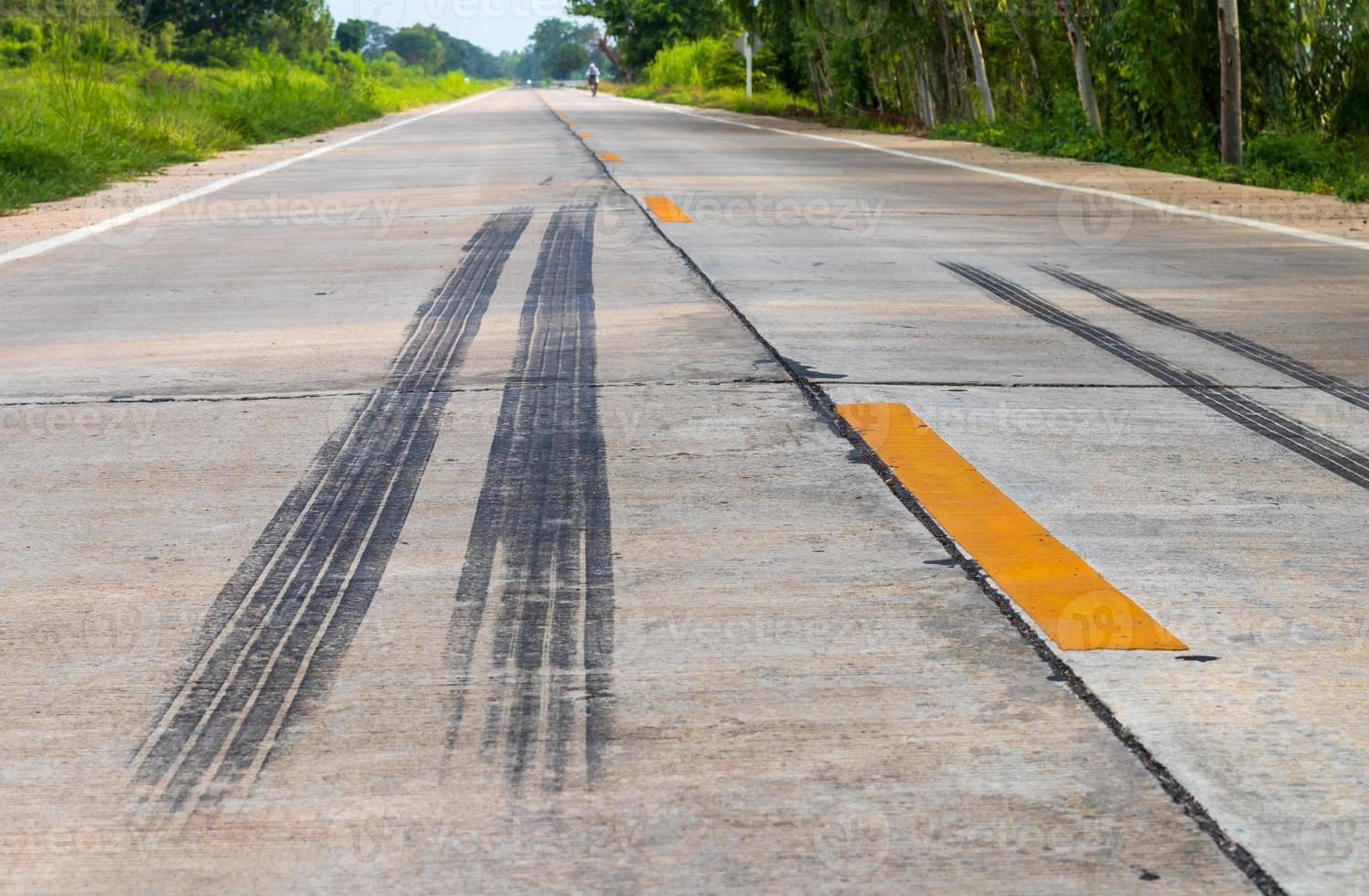 Brake traces of truck wheels on concrete roads. photo
