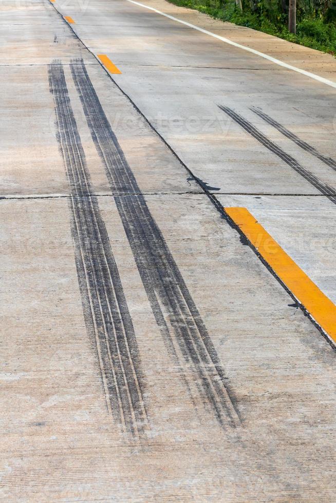 Brake traces of truck wheels on concrete roads. photo