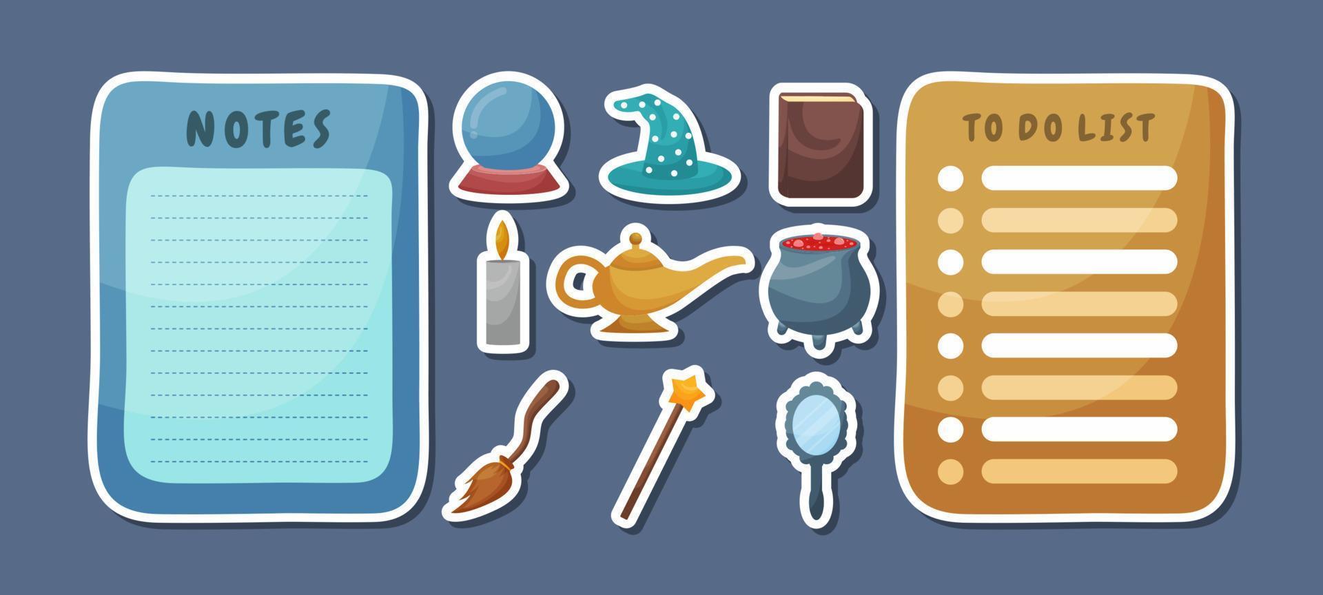 Journal Template With Cute Magical Fantasy Sticker Set vector