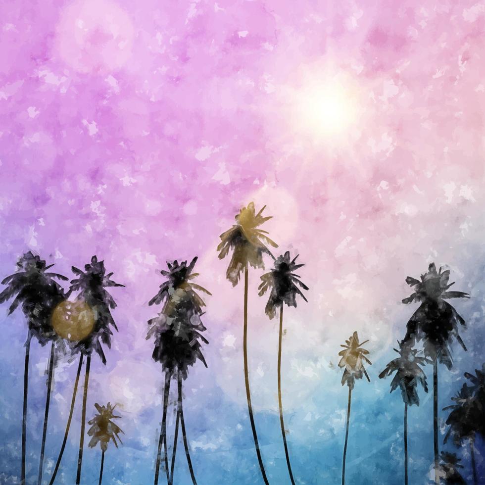 Hand painted tropical background with silhouettes of palm trees vector