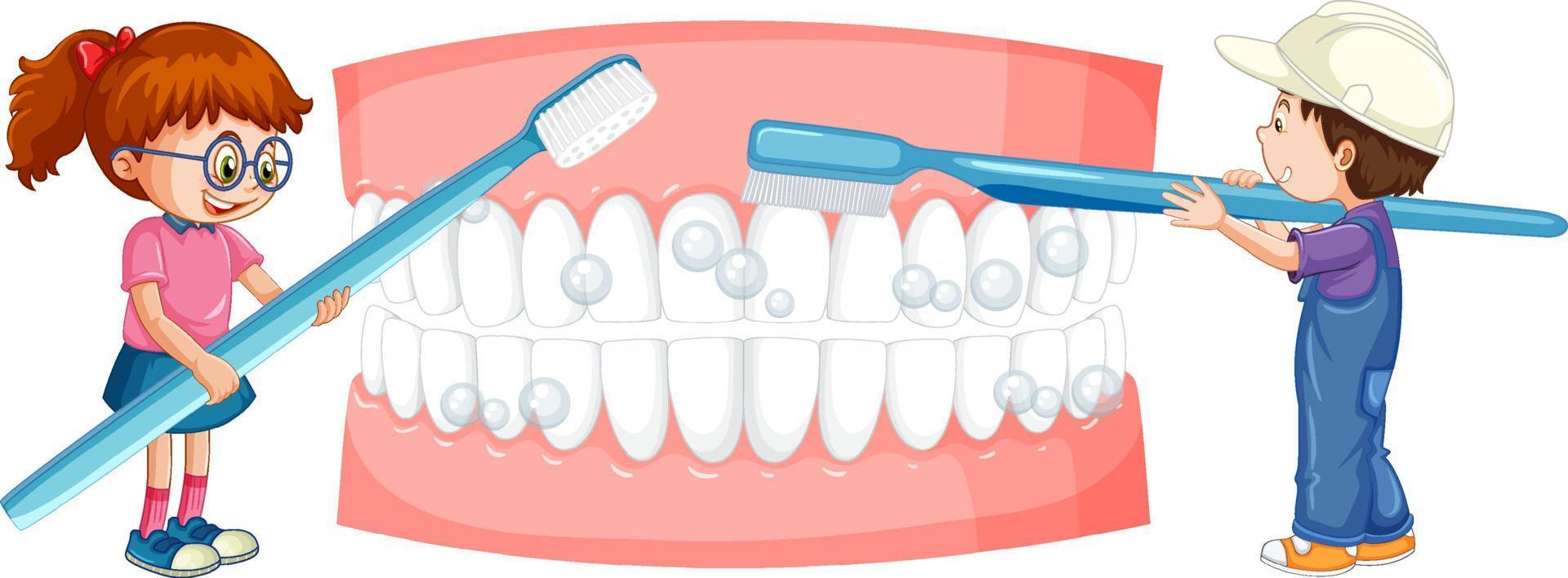 niños felices cepillando los dientes con un cepillo de dientes sobre fondo blanco vector