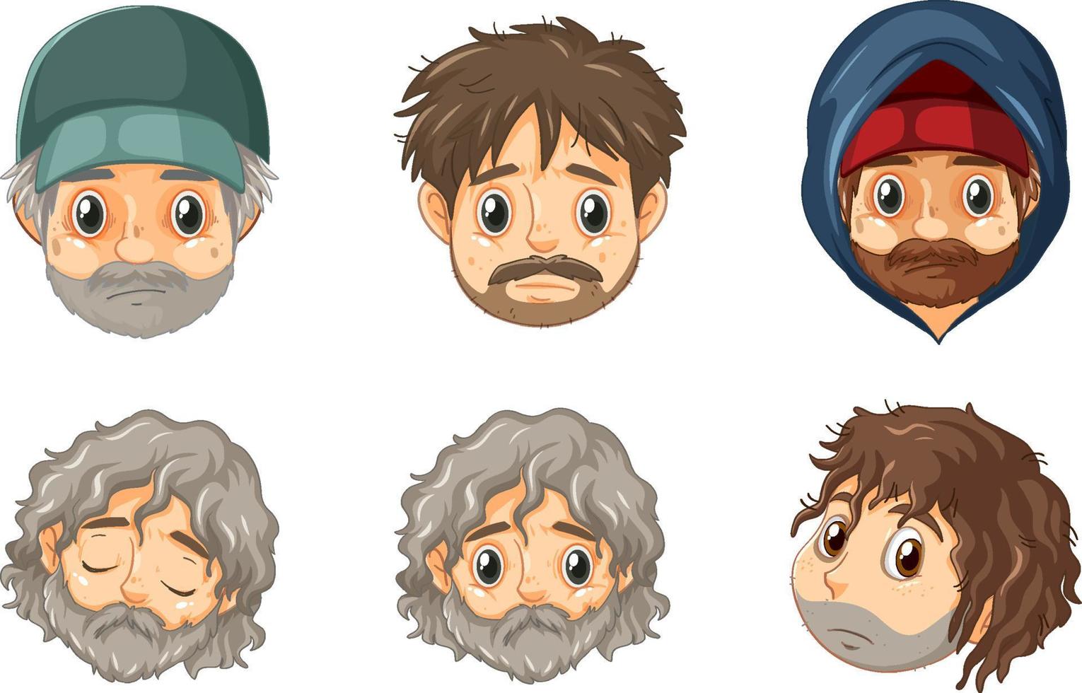 conjunto de diferentes cabezas de dibujos animados de hombre sin hogar vector