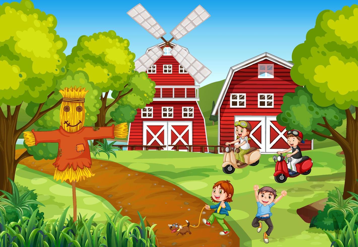 niños felices en el paisaje de la granja vector