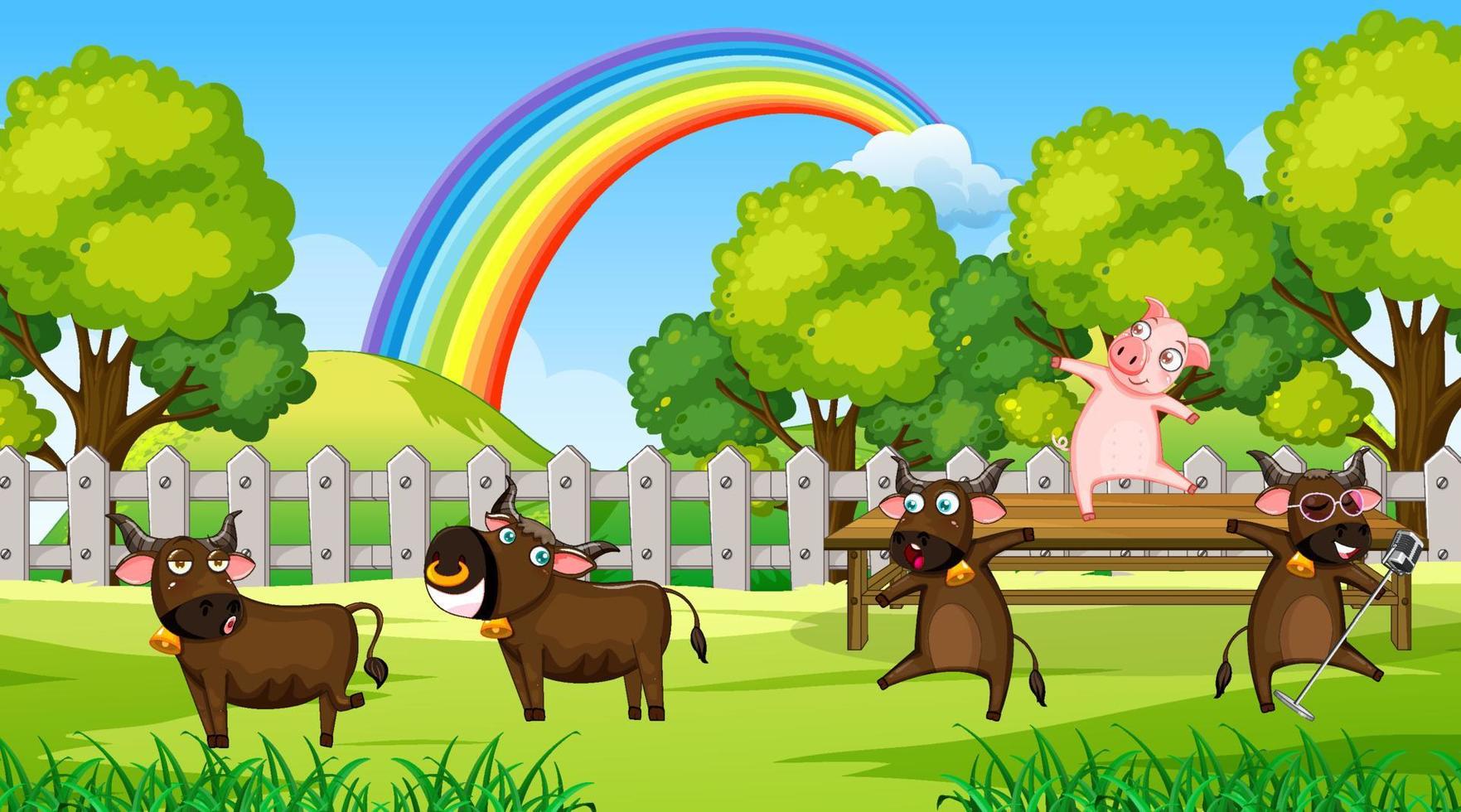 Scene with many cows in the field vector