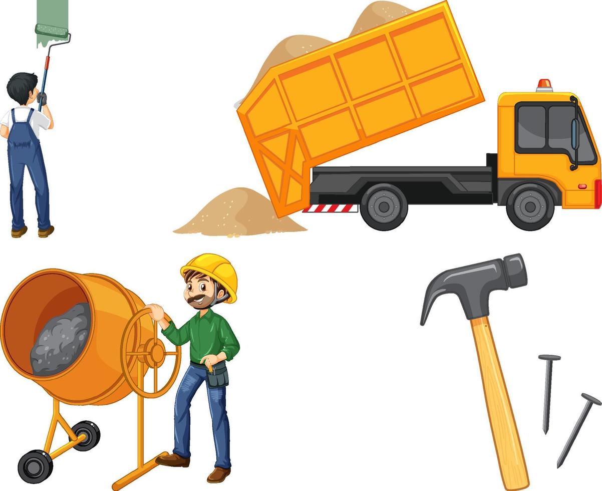 Set of construction site objects and workers vector