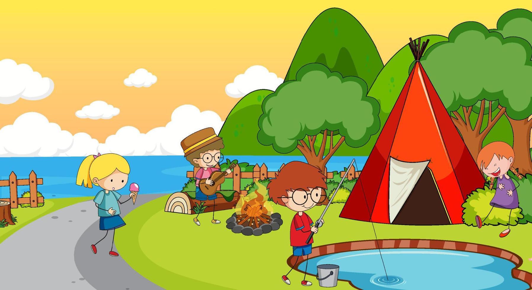 un campamento simple con niños en el fondo de la naturaleza vector