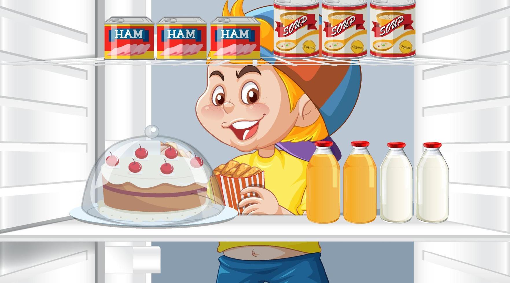 Boy grabbing some food in fridge vector