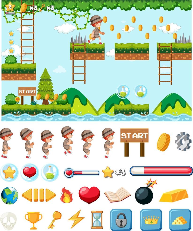 plantilla de fondo de juego de plataforma con elementos vector