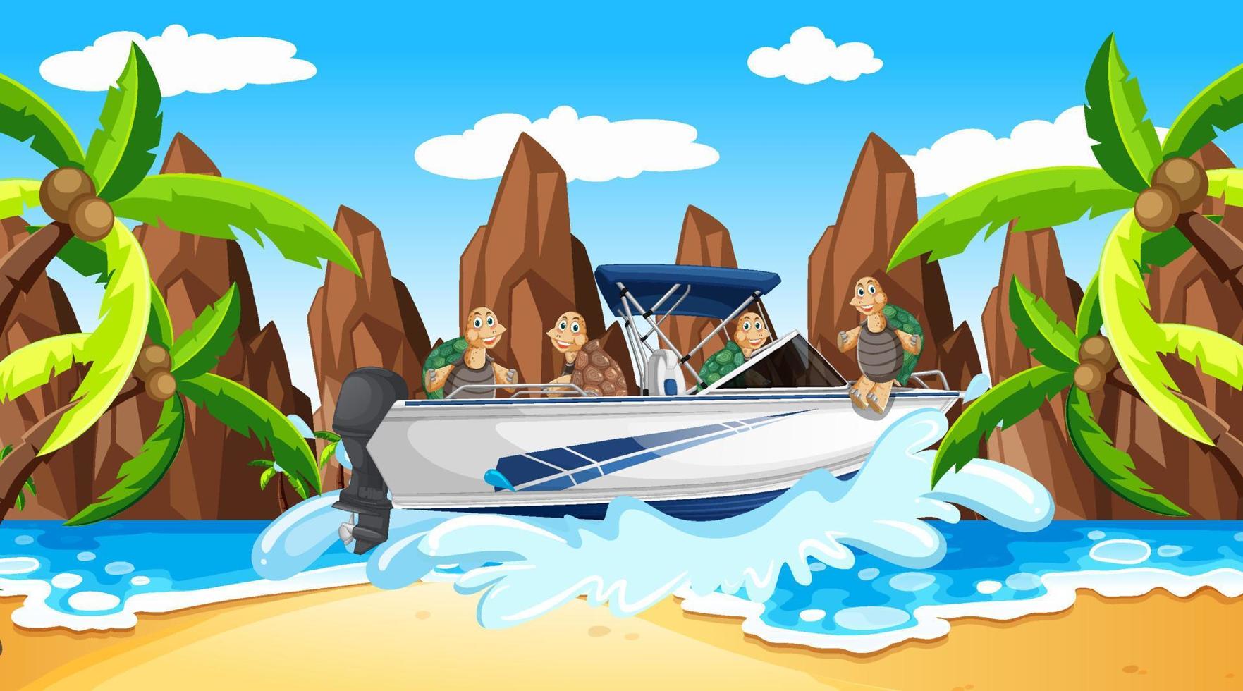 Beach scene with tortoises on speedboat vector