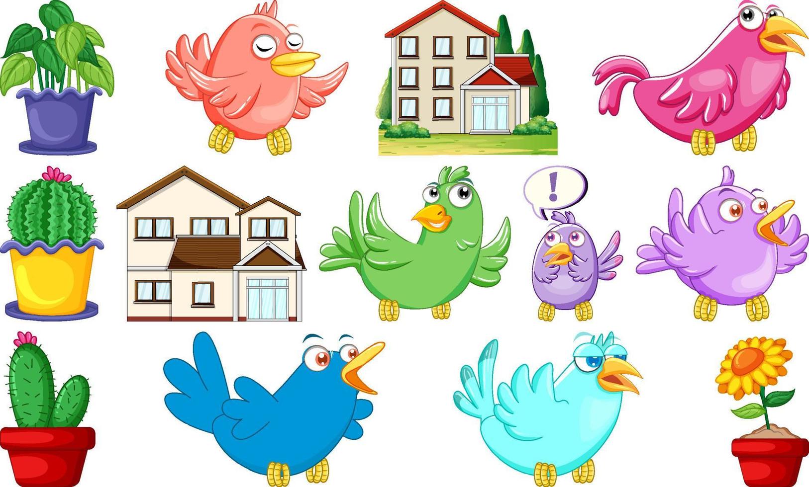 Different house designs and cute birds vector