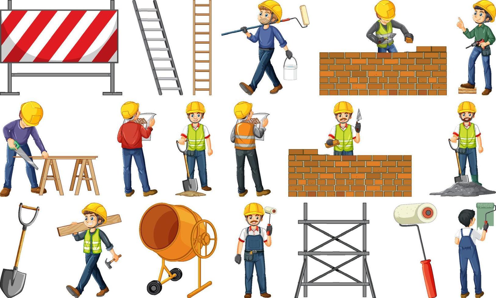 Set of construction site objects and workers vector