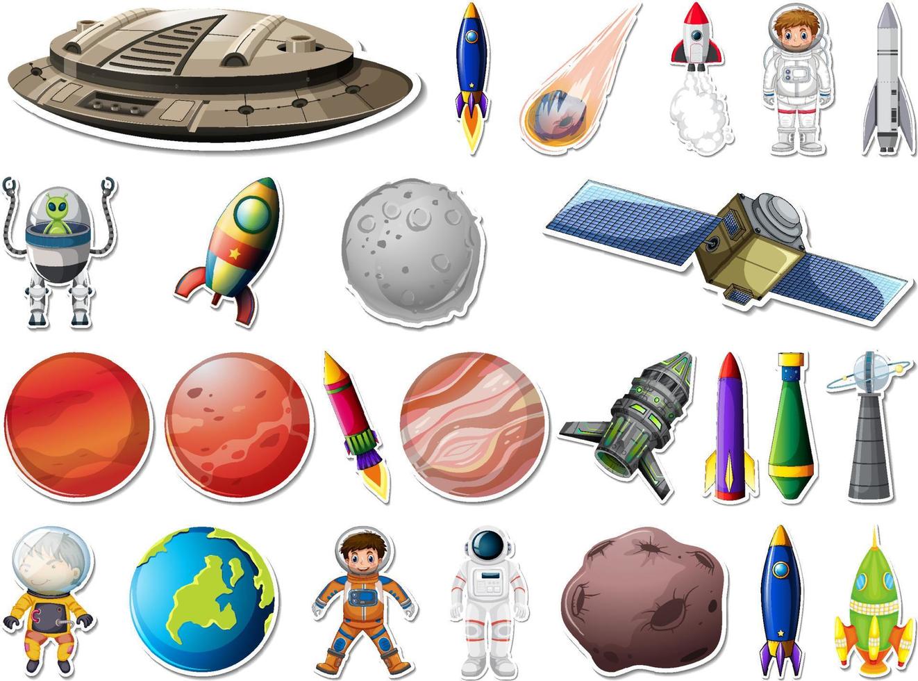 Sticker set of outer space objects and astronauts vector