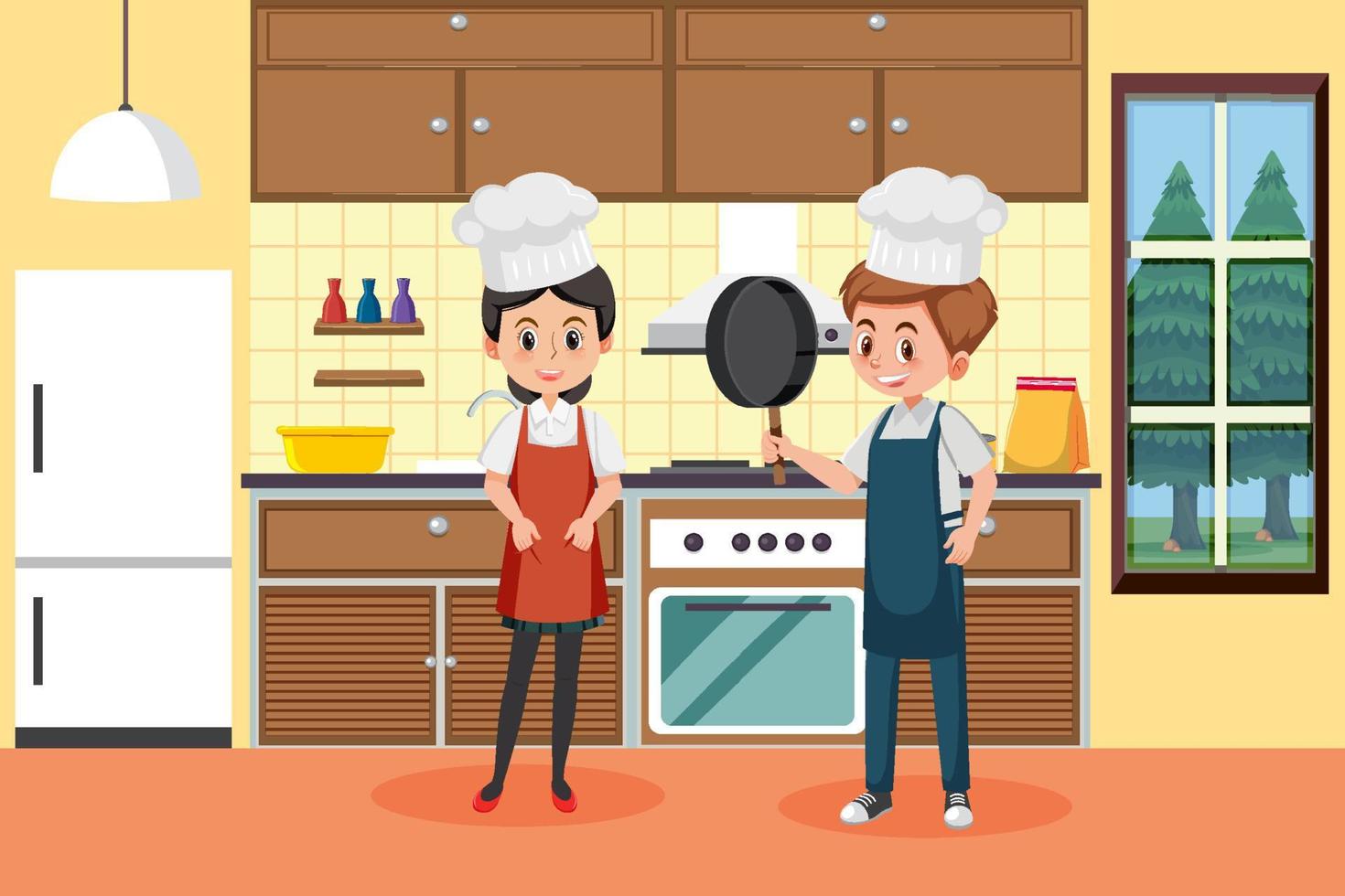 dos chefs trabajando en la cocina vector
