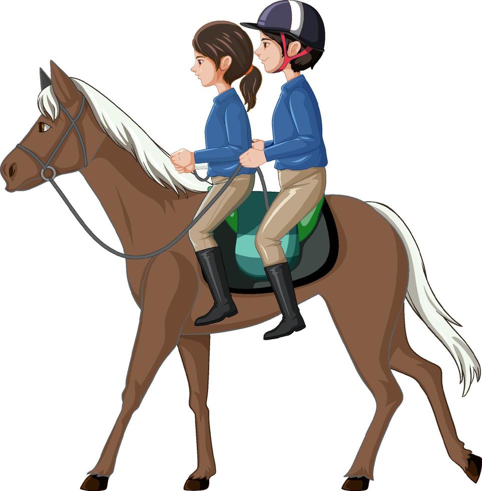 una niña montada en un caballo con hostler sobre fondo blanco vector