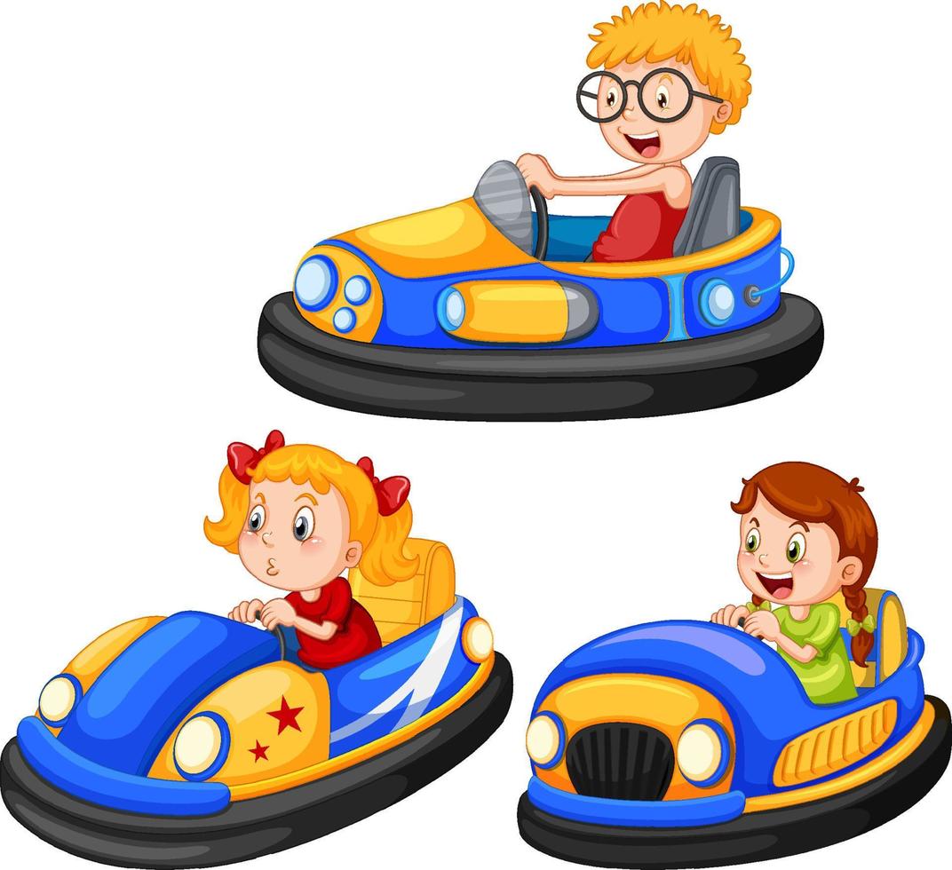 conjunto de diferentes niños conduciendo autos chocadores en estilo de dibujos animados vector