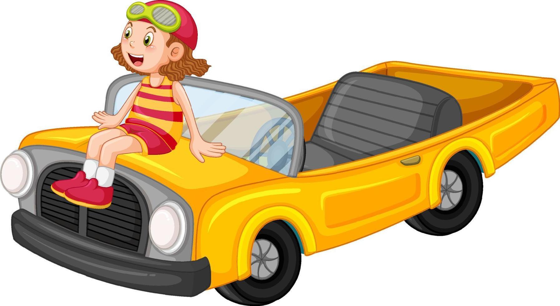 una chica con un coche vintage amarillo en un diseño de dibujos animados vector