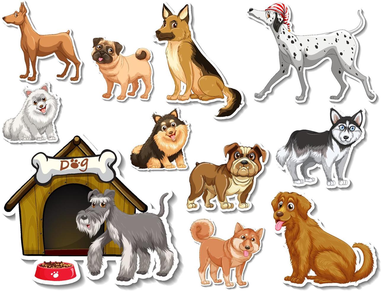 Sticker set of different dogs cartoon vector