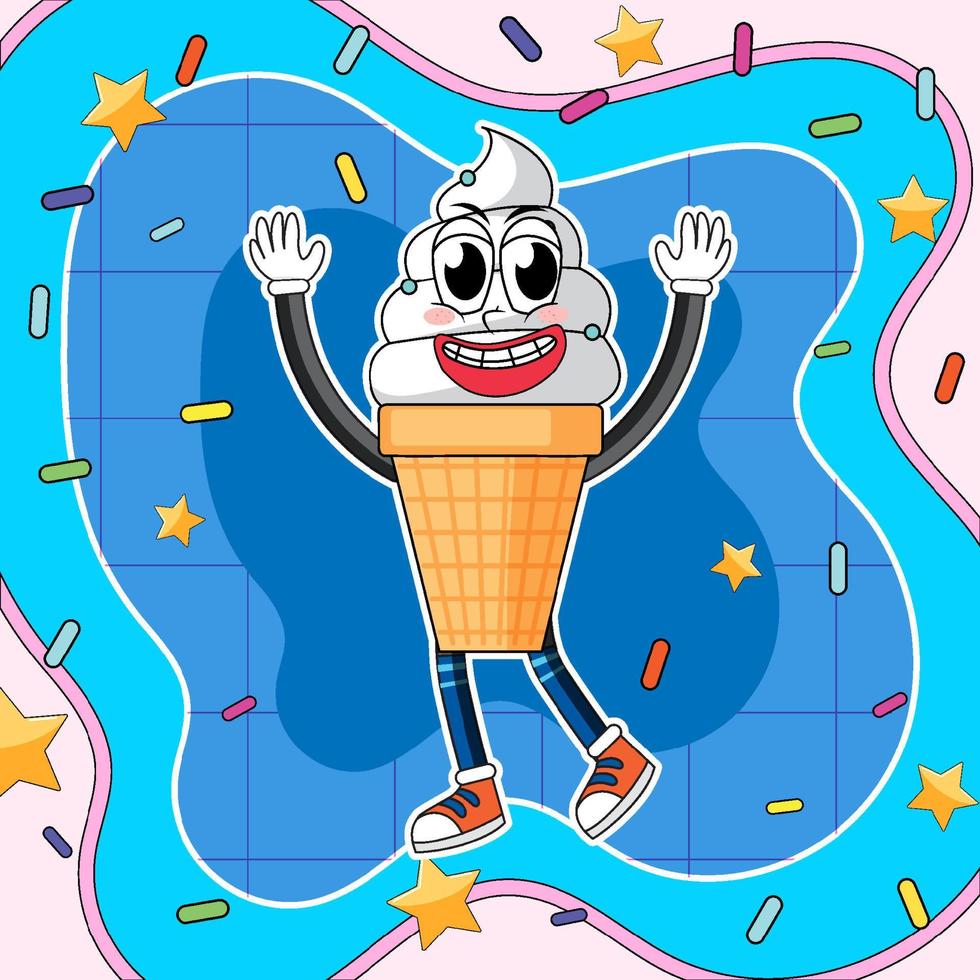 Ice cream cartoon character with retro background vector