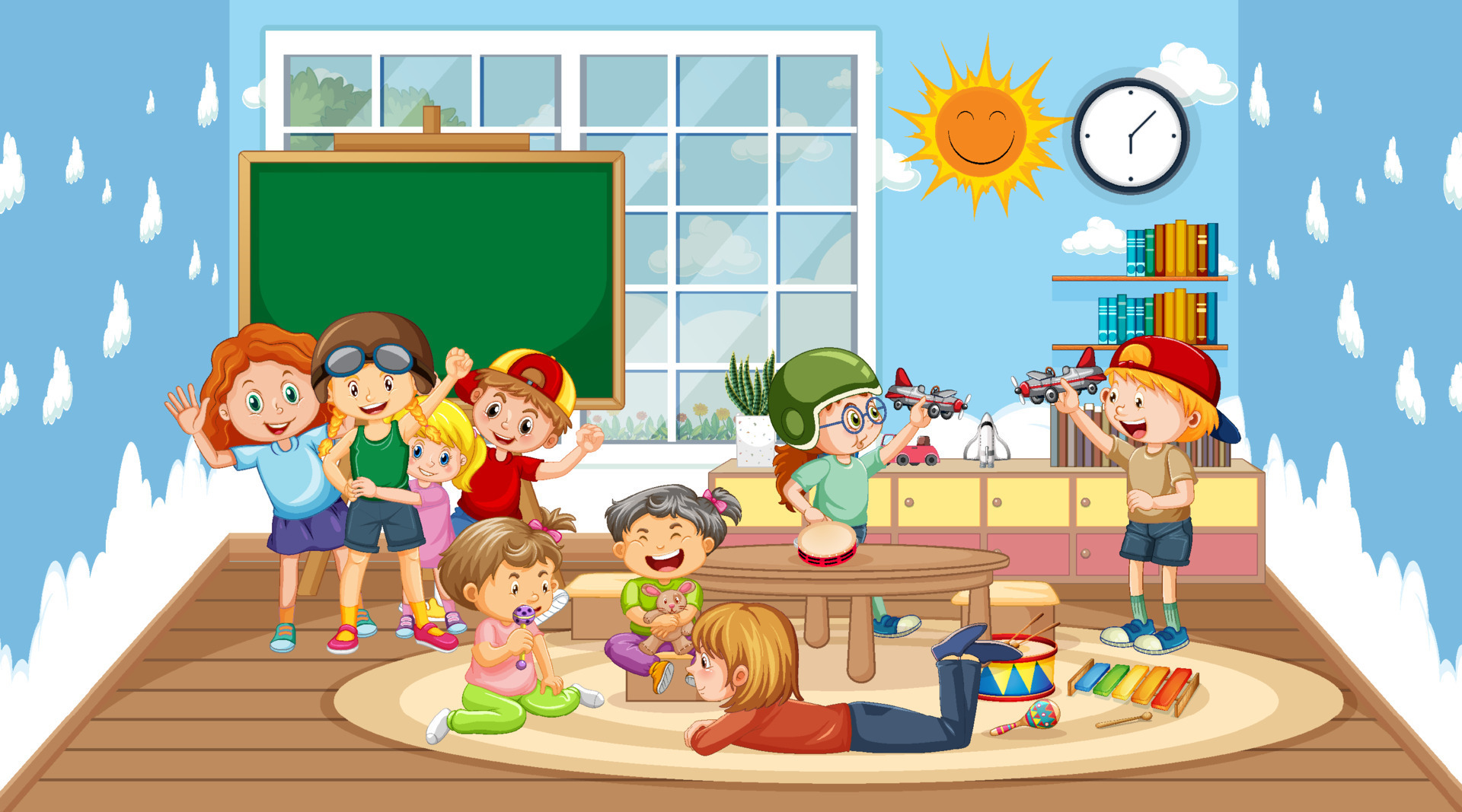 Scene of classroom with many children playing 7563166 Vector Art at