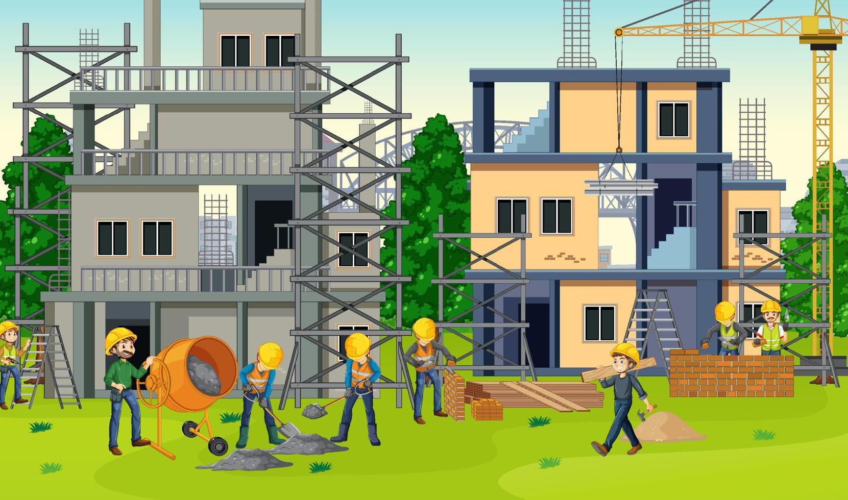 sitio de construcción de viviendas con trabajadores vector