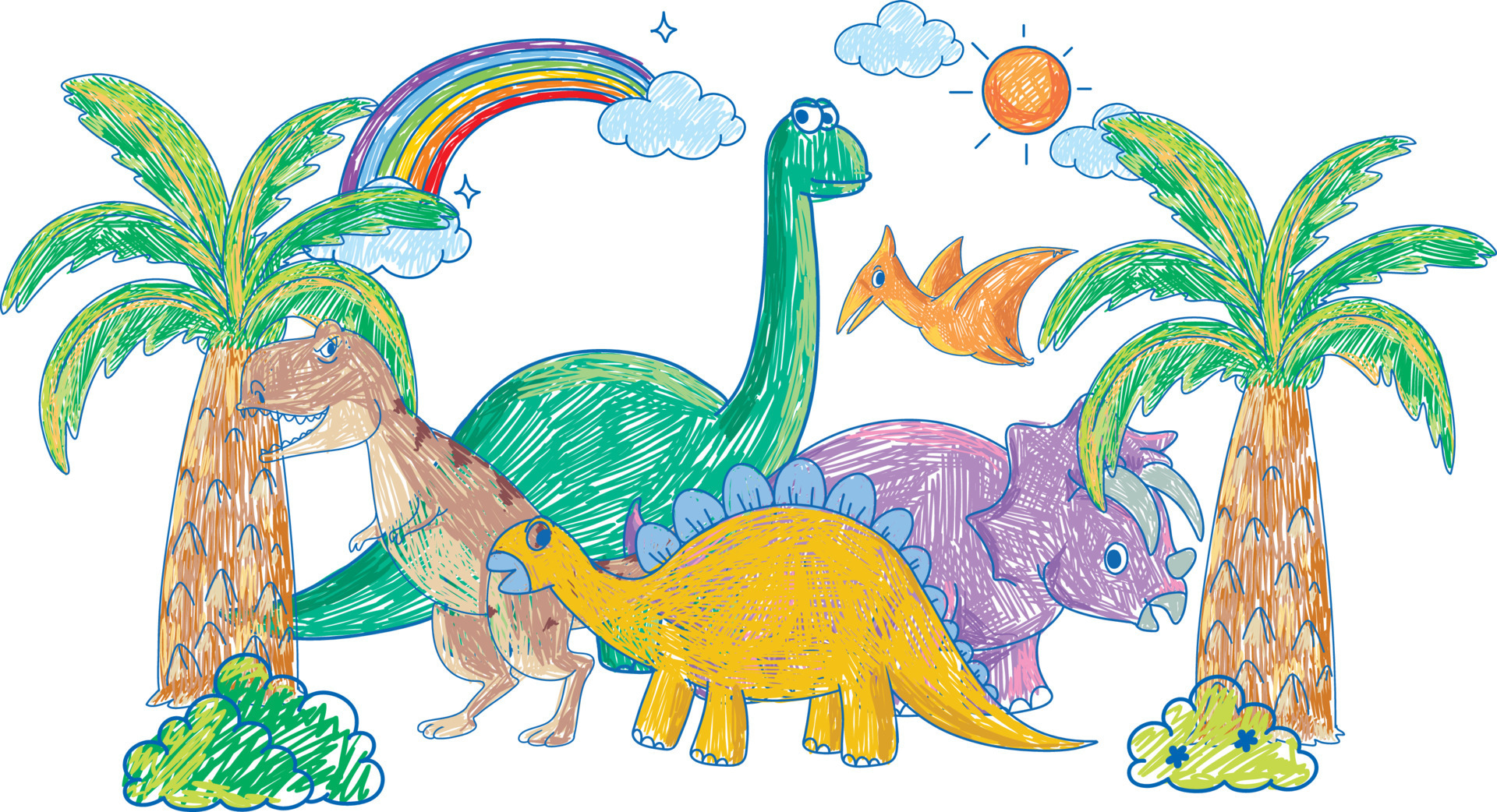 Coloured hand drawn dinosaurs group 7563173 Vector Art at Vecteezy