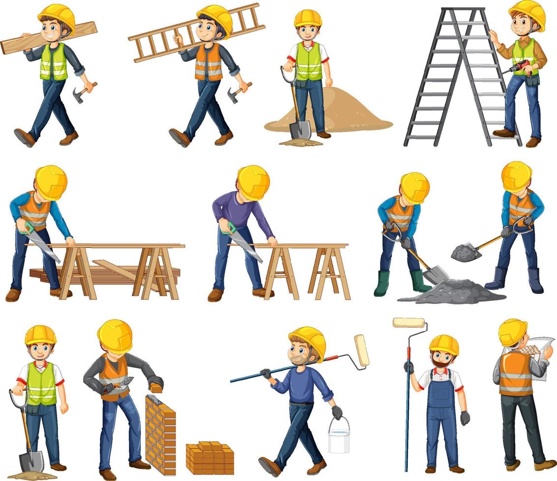 Set of construction site objects and workers vector