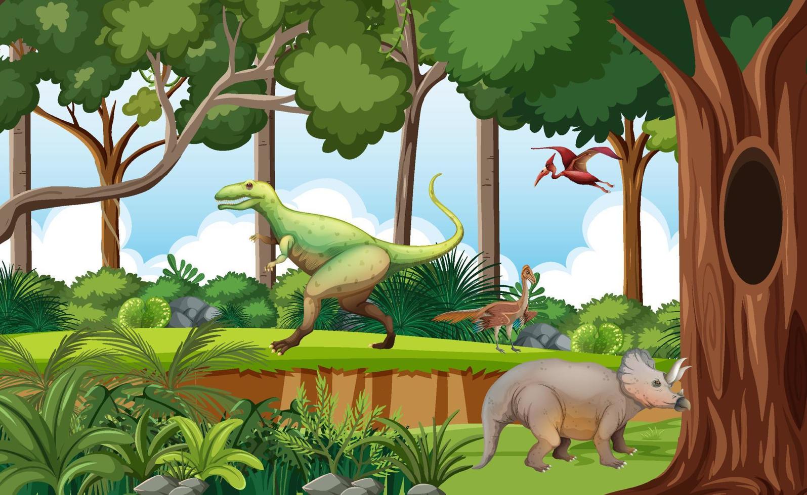 bosque prehistórico con dibujos animados de dinosaurios vector