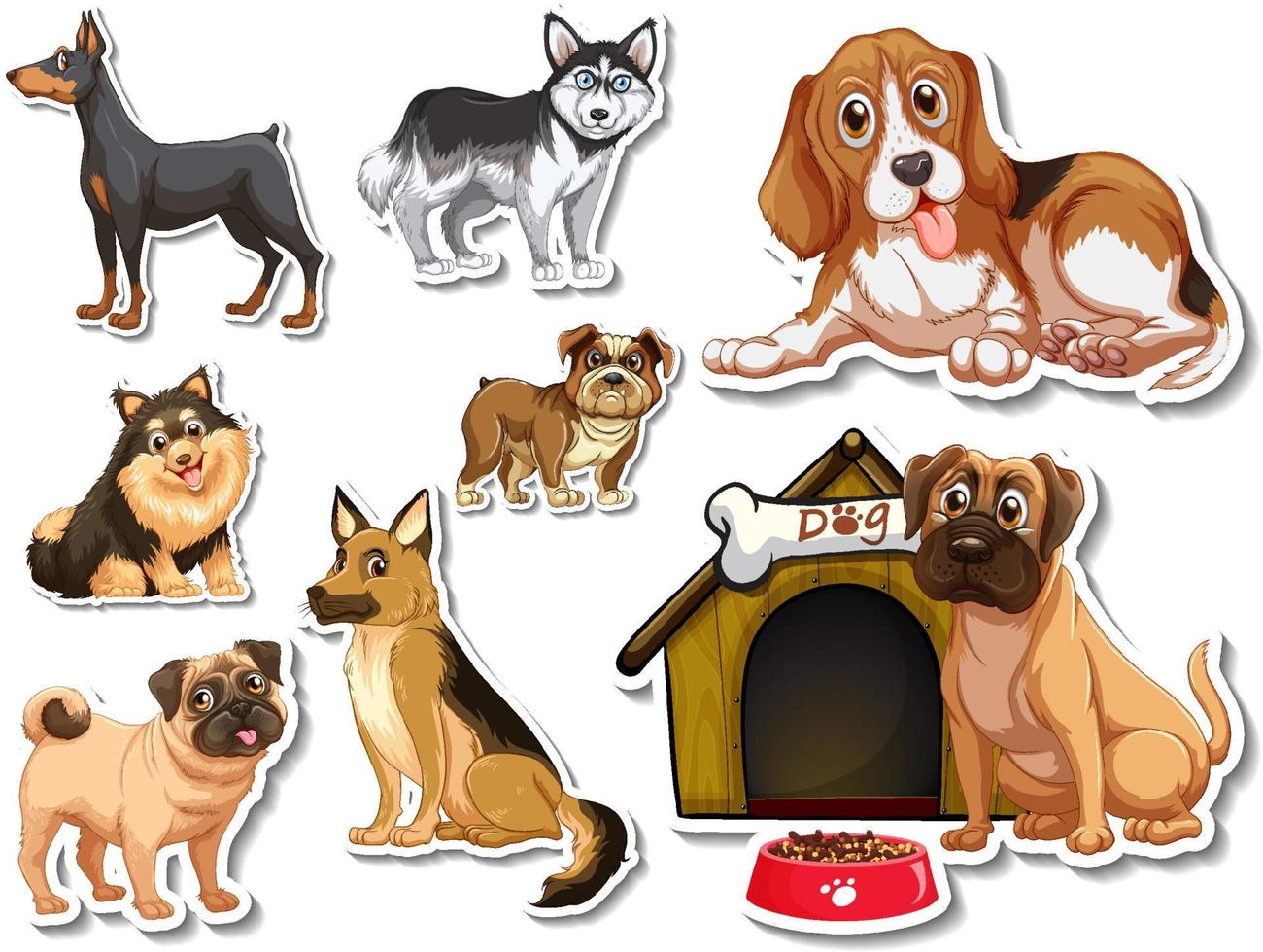 Sticker set of different dogs cartoon vector